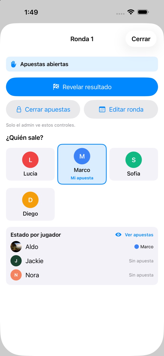 Ronda de quiniela con los contendientes, la apuesta propia marcada y el estado de cada jugador