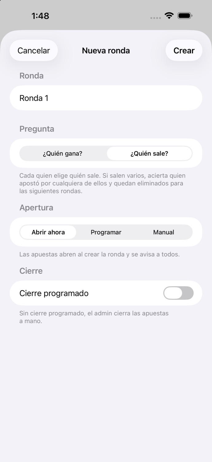 Pantalla para crear una ronda de quiniela, eligiendo la pregunta y cuándo abren y cierran las apuestas